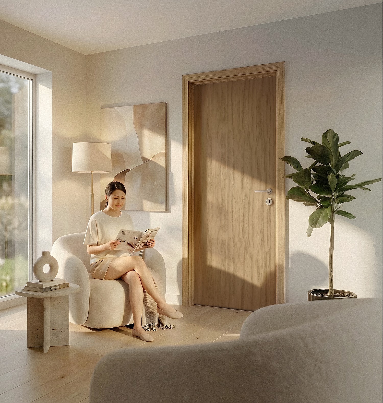 Warm timber door in a sunlit Singapore living room